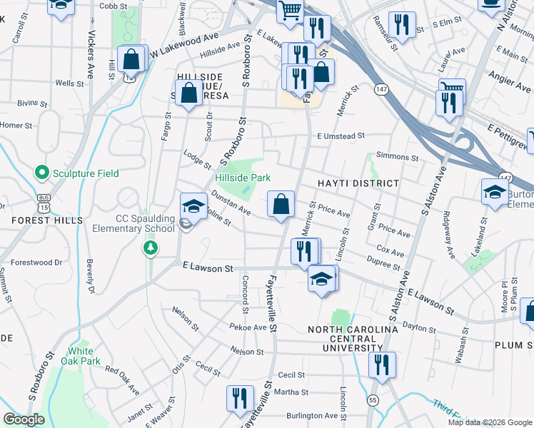 map of restaurants, bars, coffee shops, grocery stores, and more near 403 Dunstan Ave in Durham