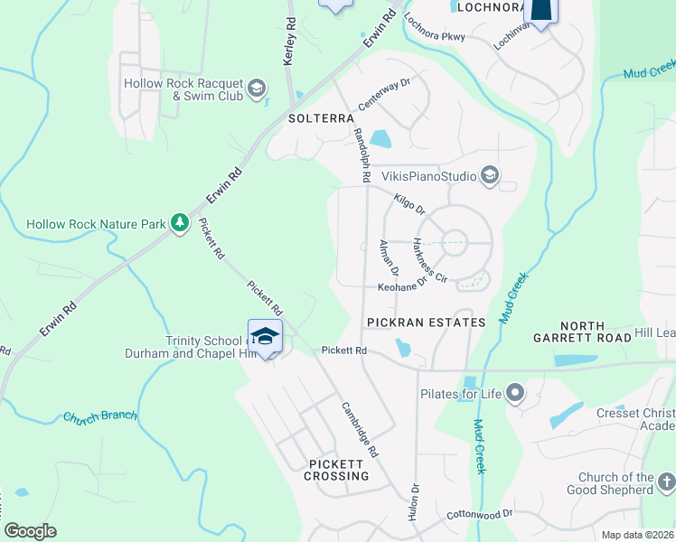 map of restaurants, bars, coffee shops, grocery stores, and more near 3818 Keohane Drive in Durham