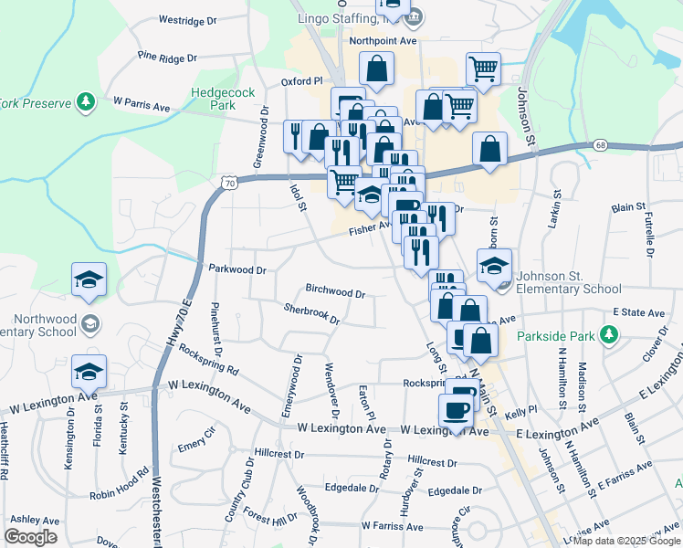map of restaurants, bars, coffee shops, grocery stores, and more near 227 Idol Street in High Point