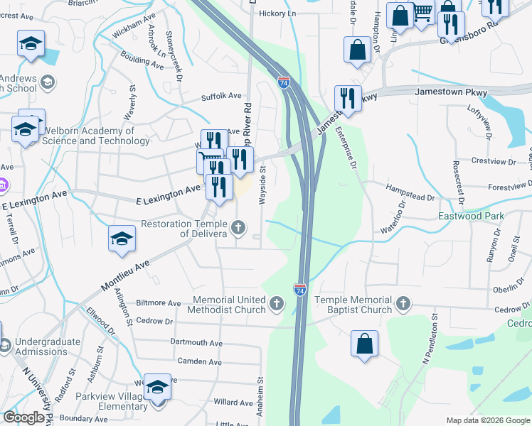 map of restaurants, bars, coffee shops, grocery stores, and more near 1122 Wayside Street in High Point