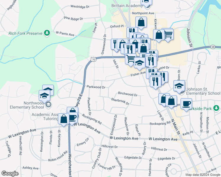 map of restaurants, bars, coffee shops, grocery stores, and more near 1712 Bristol Place in High Point