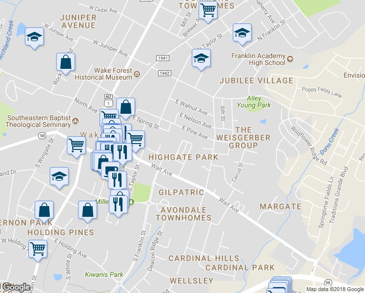 map of restaurants, bars, coffee shops, grocery stores, and more near 241 Highgate Circle in Wake Forest