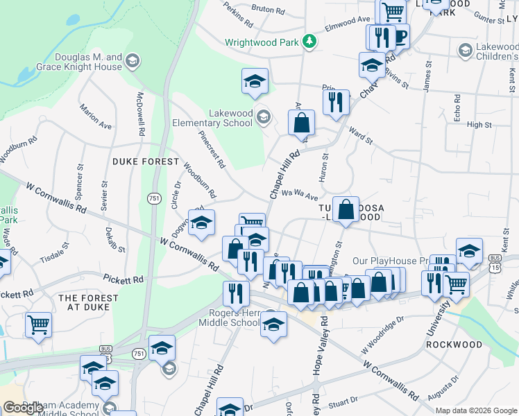 map of restaurants, bars, coffee shops, grocery stores, and more near 103 Pinecrest Road in Durham