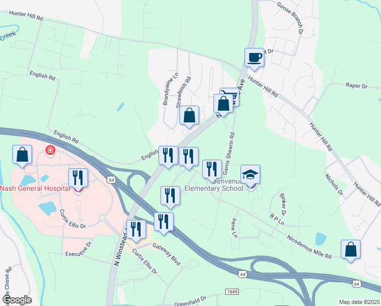 map of restaurants, bars, coffee shops, grocery stores, and more near 901 North Winstead Avenue in Rocky Mount