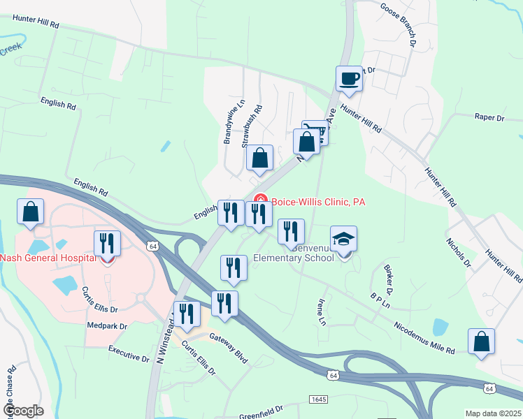 map of restaurants, bars, coffee shops, grocery stores, and more near 901 North Winstead Avenue in Rocky Mount