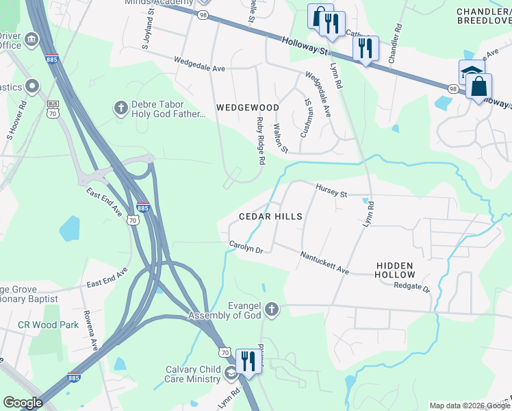 map of restaurants, bars, coffee shops, grocery stores, and more near 2916 Carolyn Drive in Durham