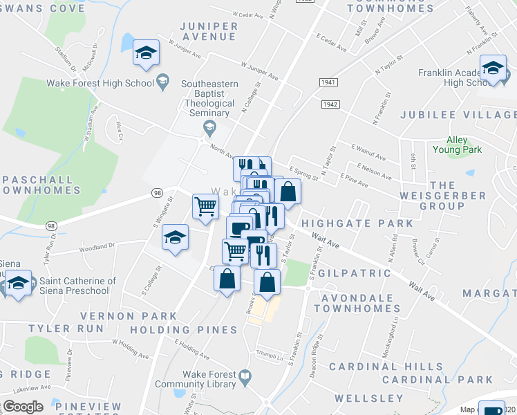 map of restaurants, bars, coffee shops, grocery stores, and more near 105 South White Street in Wake Forest
