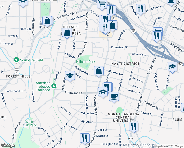 map of restaurants, bars, coffee shops, grocery stores, and more near 313 Dunstan Avenue in Durham