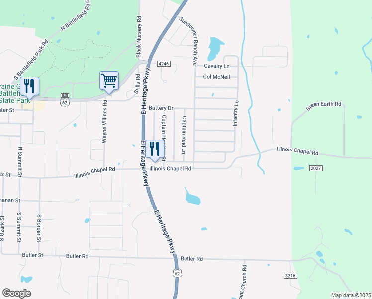 map of restaurants, bars, coffee shops, grocery stores, and more near 420 Captain Reid Lane in Prairie Grove