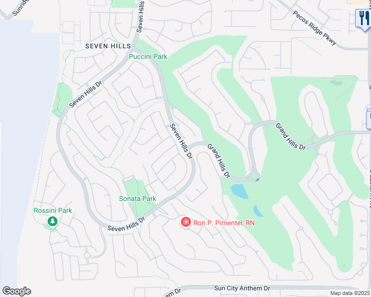 map of restaurants, bars, coffee shops, grocery stores, and more near Seven Hills Dr & Grand Hills Dr in Henderson