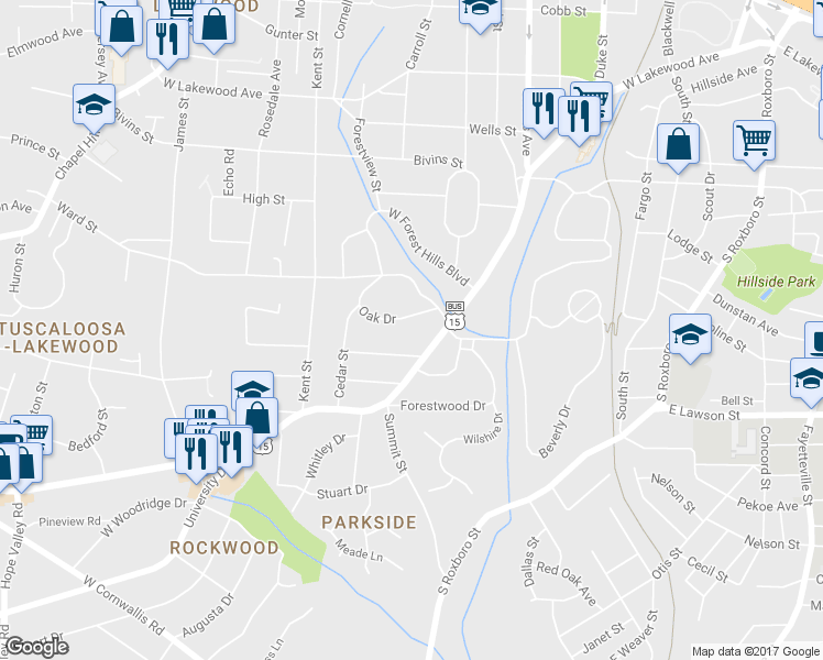 map of restaurants, bars, coffee shops, grocery stores, and more near 19 Oak Drive in Durham