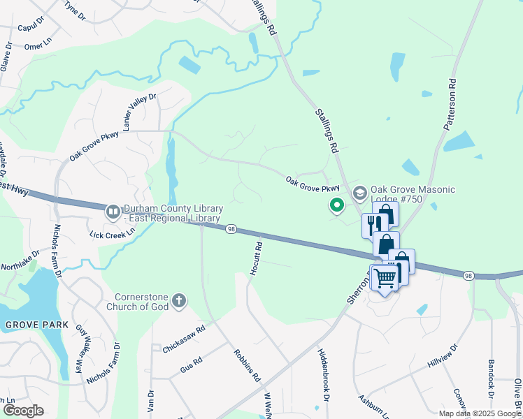 map of restaurants, bars, coffee shops, grocery stores, and more near 218 Stoney Drive in Durham
