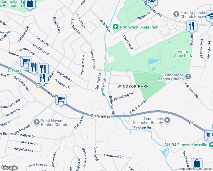 map of restaurants, bars, coffee shops, grocery stores, and more near 3821 Sullivan Road in Knoxville