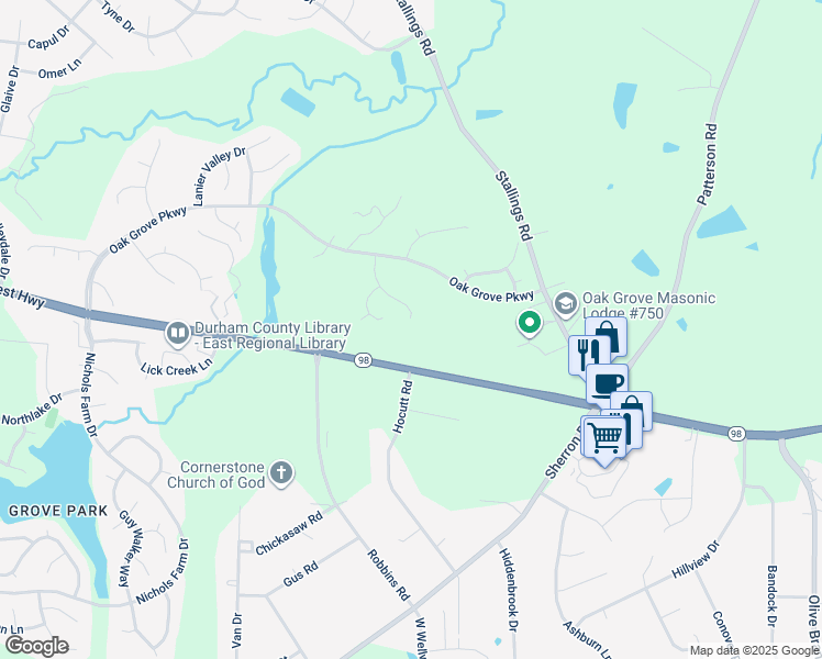 map of restaurants, bars, coffee shops, grocery stores, and more near 218 Stoney Drive in Durham