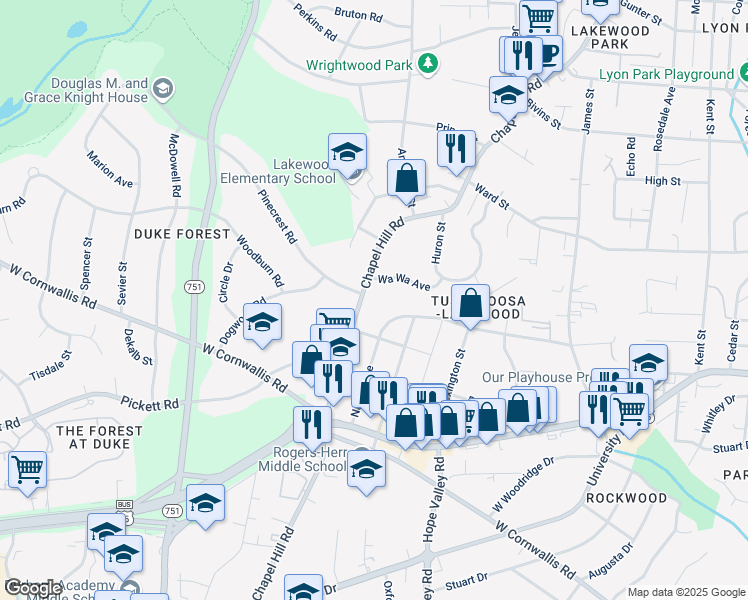 map of restaurants, bars, coffee shops, grocery stores, and more near 2607 Chapel Hill Road in Durham