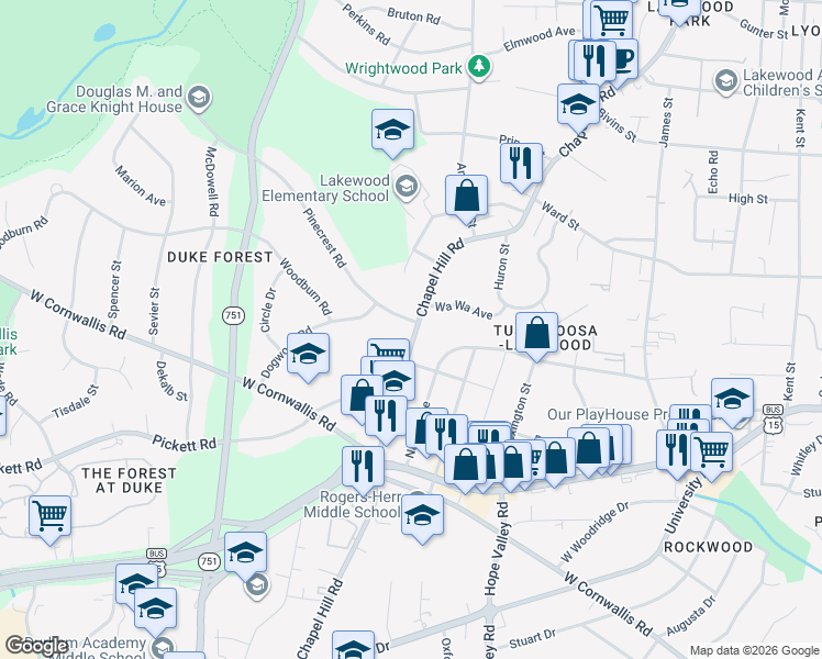 map of restaurants, bars, coffee shops, grocery stores, and more near 103 Pinecrest Road in Durham