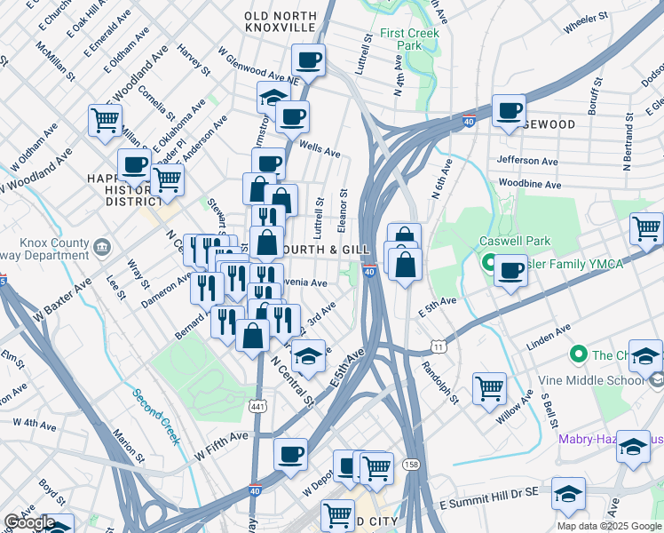 map of restaurants, bars, coffee shops, grocery stores, and more near in Knoxville
