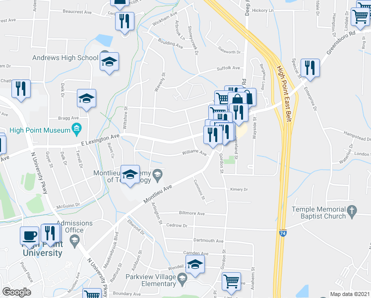 map of restaurants, bars, coffee shops, grocery stores, and more near 2431 Williams Avenue in High Point