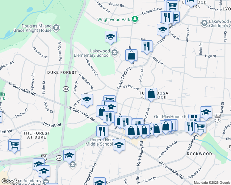 map of restaurants, bars, coffee shops, grocery stores, and more near 103 Pinecrest Road in Durham