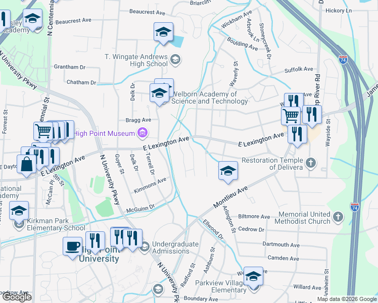 map of restaurants, bars, coffee shops, grocery stores, and more near 1319 Bailey Circle in High Point