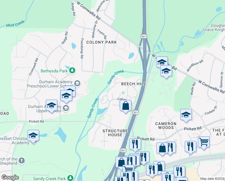 map of restaurants, bars, coffee shops, grocery stores, and more near 3084 Colony Road in Durham