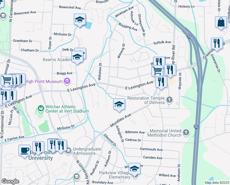 map of restaurants, bars, coffee shops, grocery stores, and more near 2311 Williams Avenue in High Point