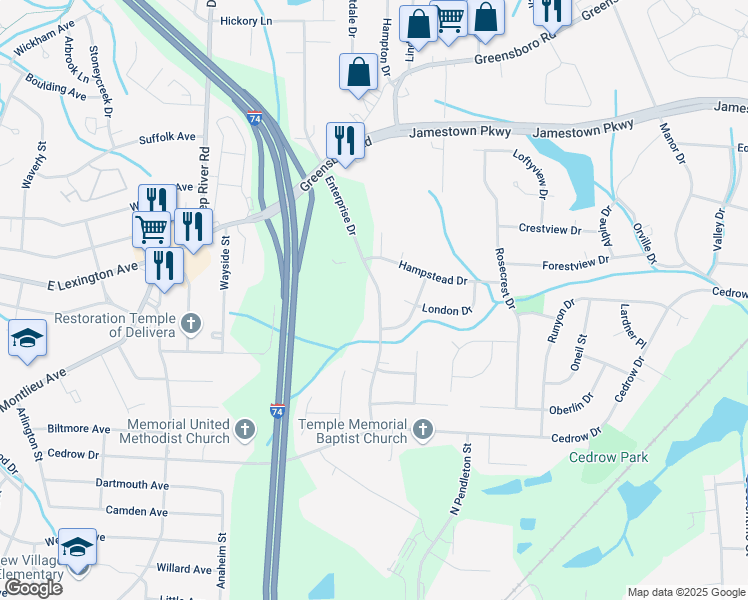 map of restaurants, bars, coffee shops, grocery stores, and more near 1113 Enterprise Drive in High Point