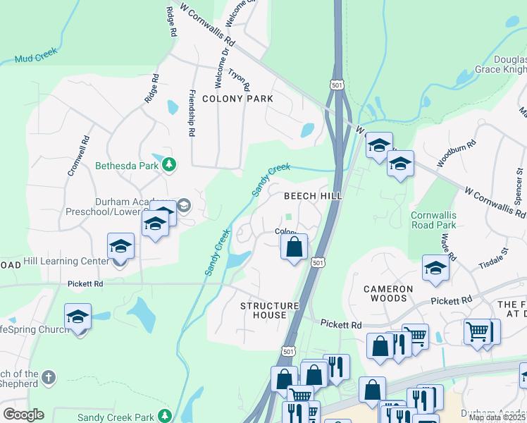 map of restaurants, bars, coffee shops, grocery stores, and more near 3086 Colony Road in Durham