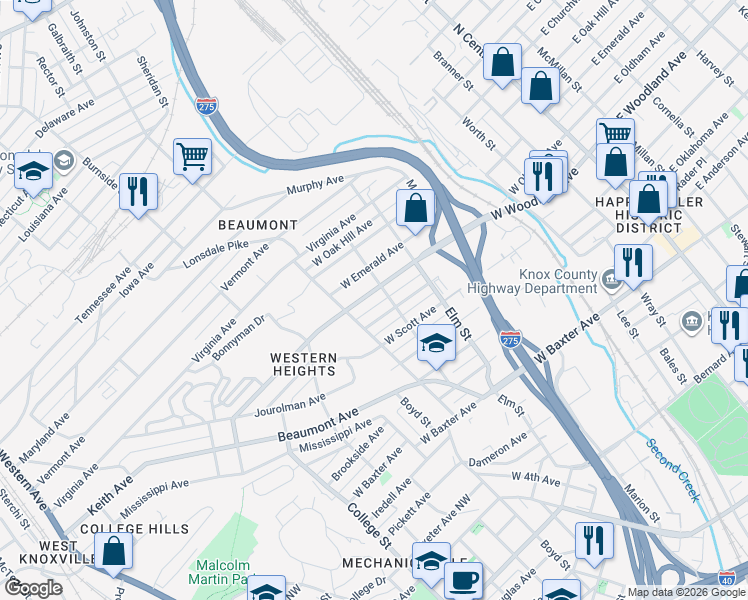 map of restaurants, bars, coffee shops, grocery stores, and more near 912 West Oldham Avenue in Knoxville