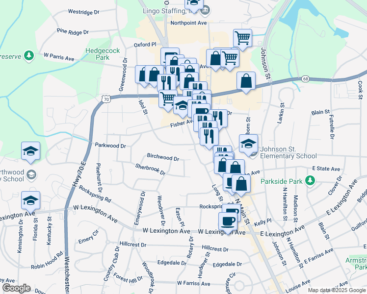 map of restaurants, bars, coffee shops, grocery stores, and more near 209 Idol Street in High Point