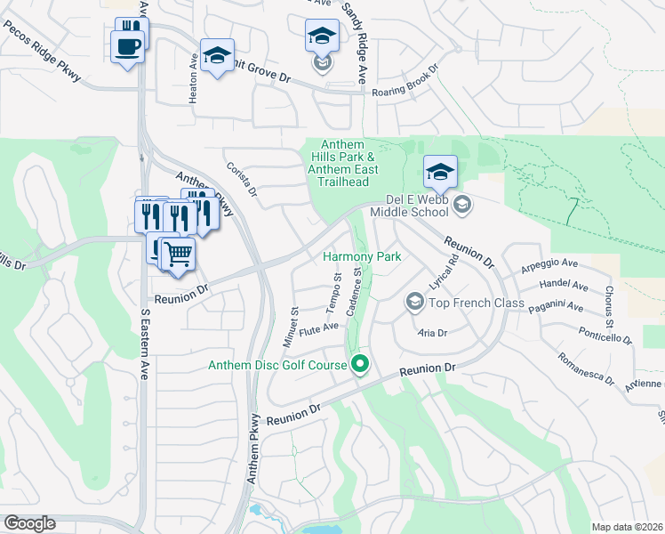 map of restaurants, bars, coffee shops, grocery stores, and more near 1317 Tempo Street in Henderson