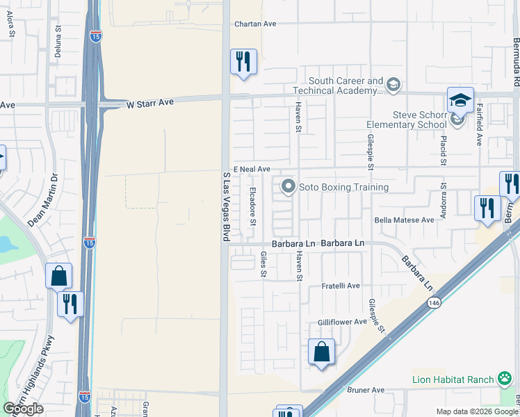 map of restaurants, bars, coffee shops, grocery stores, and more near 11601 Giles Street in Las Vegas