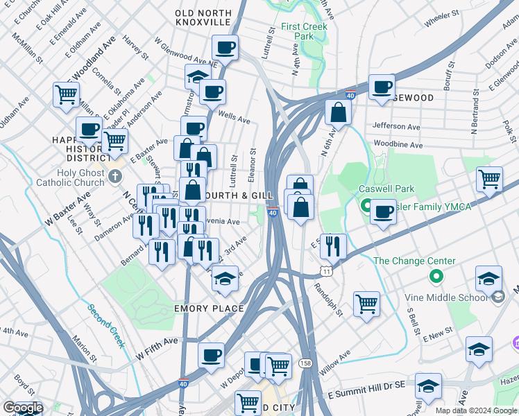 map of restaurants, bars, coffee shops, grocery stores, and more near 610 Gill Avenue in Knoxville