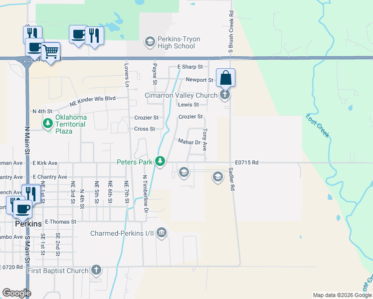 map of restaurants, bars, coffee shops, grocery stores, and more near 507 Teriwine Drive in Perkins