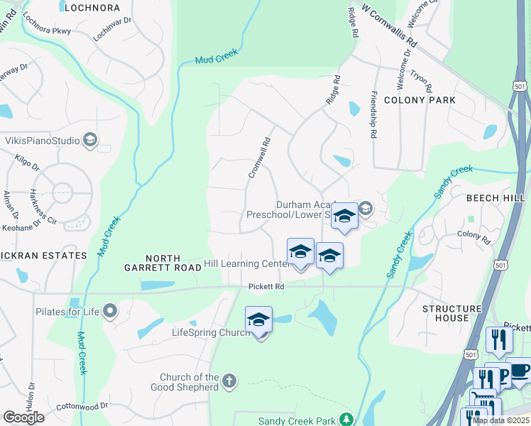 map of restaurants, bars, coffee shops, grocery stores, and more near 3306 Pinafore Drive in Durham