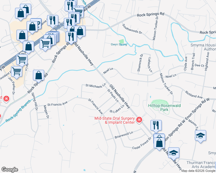 map of restaurants, bars, coffee shops, grocery stores, and more near 203 Saint Pauls Lane in Smyrna