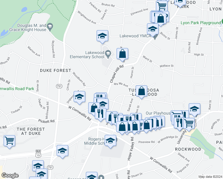 map of restaurants, bars, coffee shops, grocery stores, and more near 2607 Chapel Hill Road in Durham