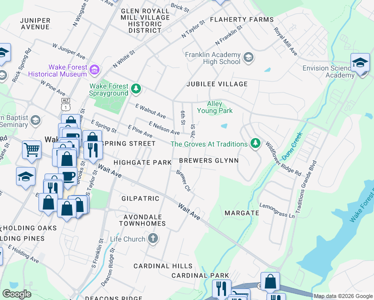 map of restaurants, bars, coffee shops, grocery stores, and more near 223 7th Street in Wake Forest