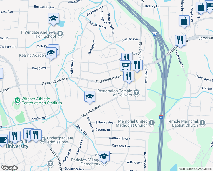 map of restaurants, bars, coffee shops, grocery stores, and more near 2427 Williams Avenue in High Point
