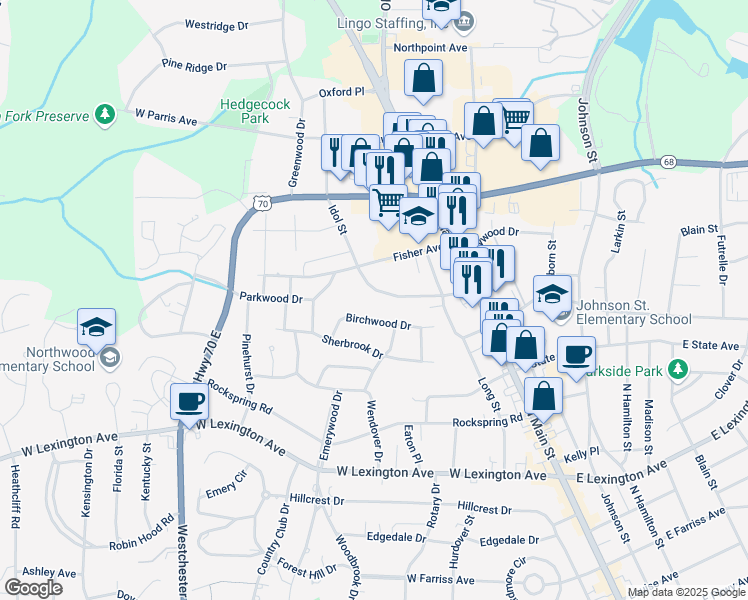 map of restaurants, bars, coffee shops, grocery stores, and more near 227 Idol Street in High Point