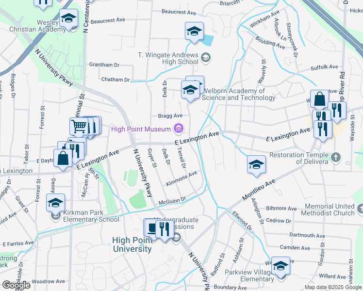 map of restaurants, bars, coffee shops, grocery stores, and more near 1800 East Lexington Avenue in High Point