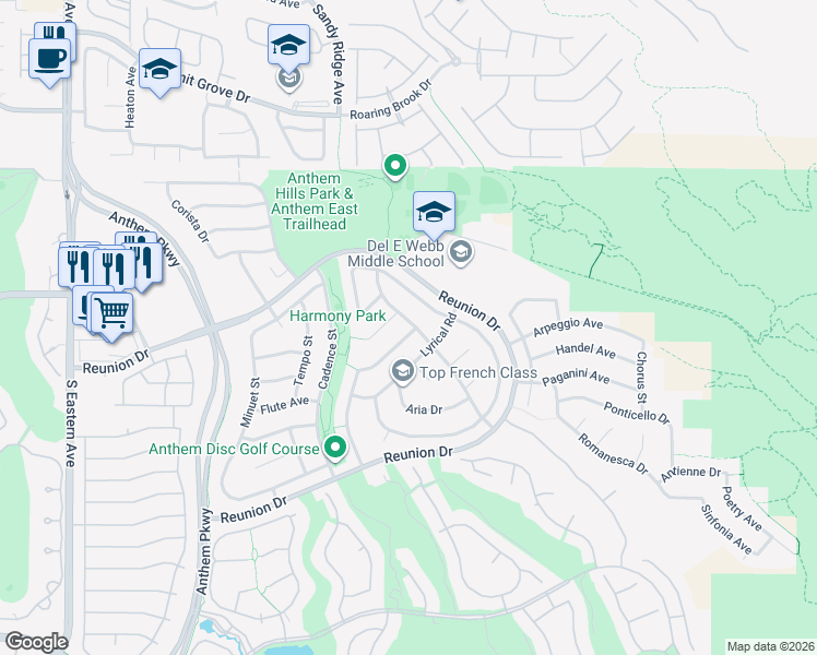 map of restaurants, bars, coffee shops, grocery stores, and more near 2264 Moresca Avenue in Henderson