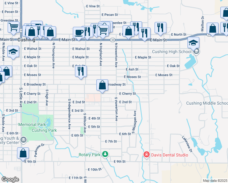 map of restaurants, bars, coffee shops, grocery stores, and more near 1140 East Cherry Street in Cushing