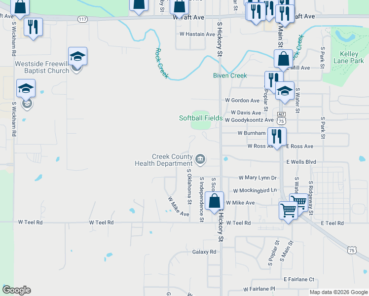 map of restaurants, bars, coffee shops, grocery stores, and more near 1723 South Oklahoma Street in Sapulpa