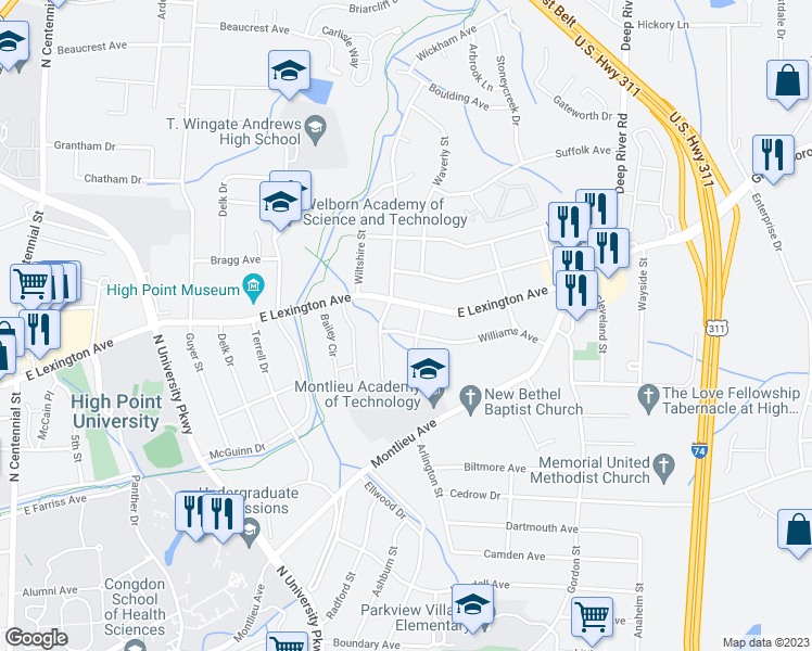map of restaurants, bars, coffee shops, grocery stores, and more near 2307 Williams Avenue in High Point