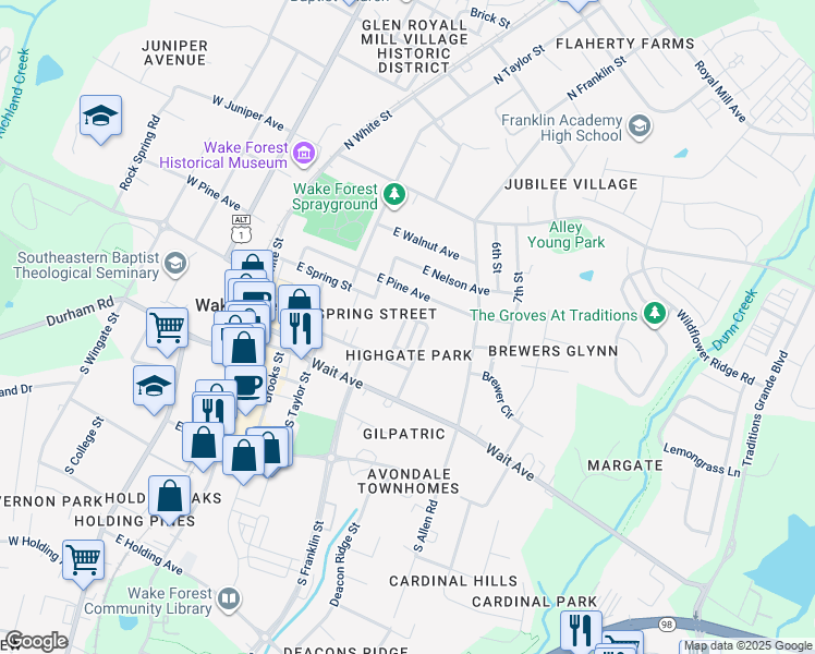map of restaurants, bars, coffee shops, grocery stores, and more near 237 Highgate Circle in Wake Forest