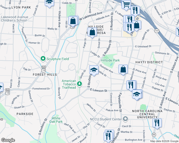 map of restaurants, bars, coffee shops, grocery stores, and more near 1511 South Roxboro Street in Durham