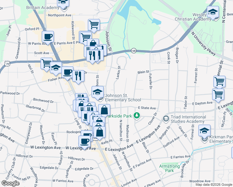 map of restaurants, bars, coffee shops, grocery stores, and more near 1603 North Hamilton Street in High Point