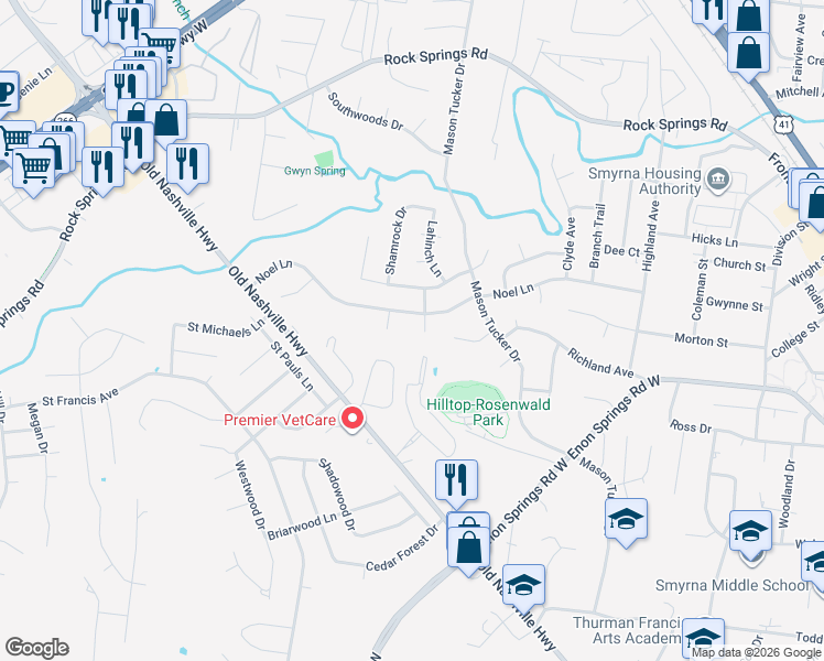 map of restaurants, bars, coffee shops, grocery stores, and more near 105 Irish Place in Smyrna