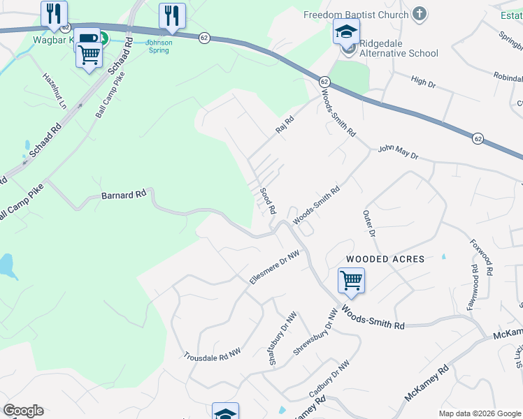 map of restaurants, bars, coffee shops, grocery stores, and more near 2705 Sood Road in Knoxville